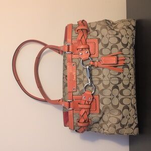 Coach Hampton Signature Monogram Canvas & Leather Bag, Orange & Tan